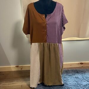 Conscious Clothing Colorblock Patchwork Midi Dress - Brown & Pink